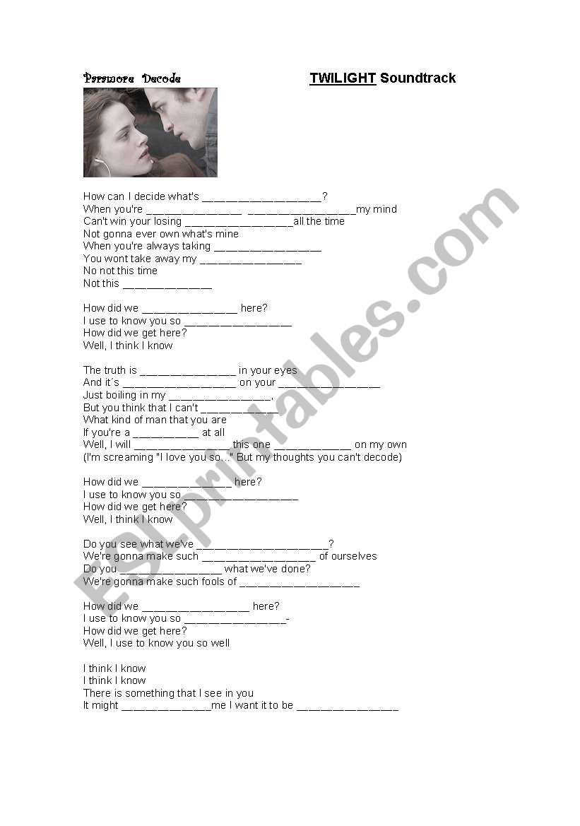 Twilight. Paramore. Decode worksheet