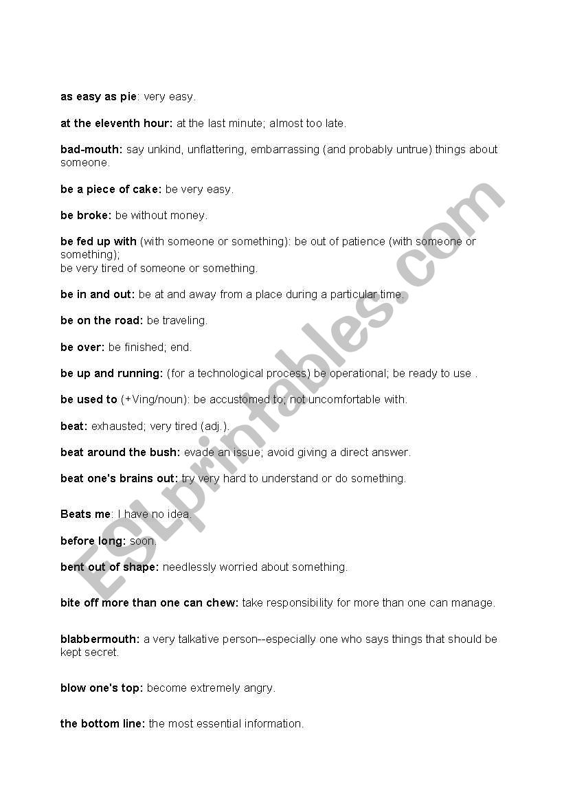 idiomatic expressions worksheet