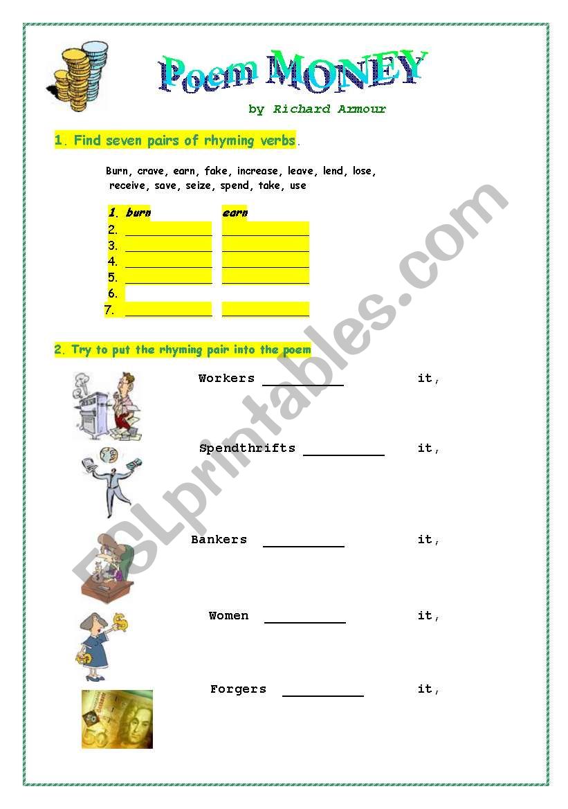 Poem Money. Part 1 worksheet