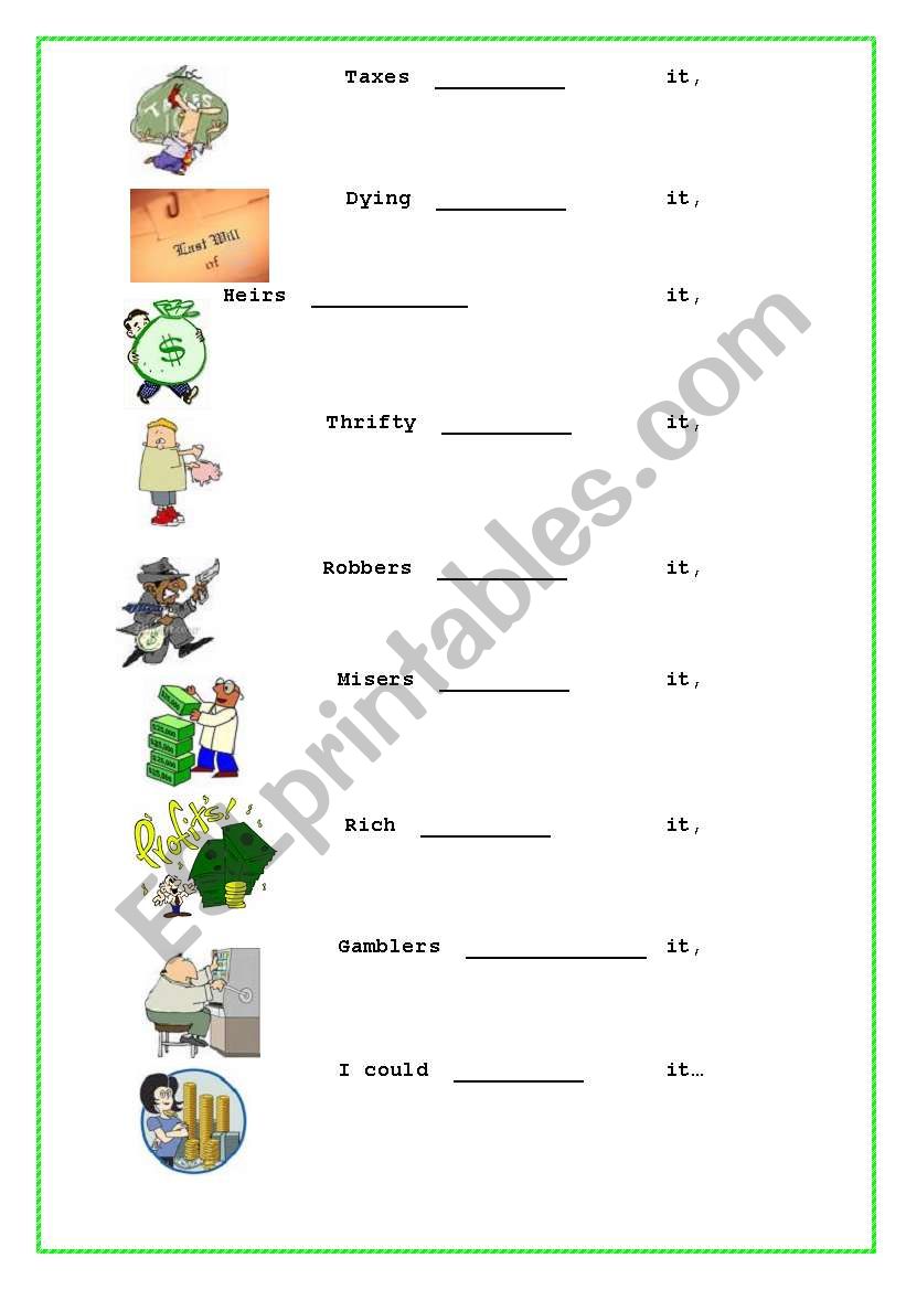 Poem Money. Part 2 worksheet