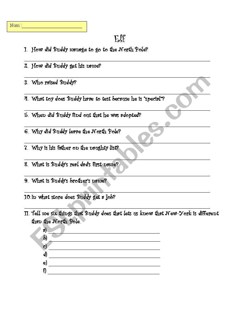 Elf movie quiz worksheet