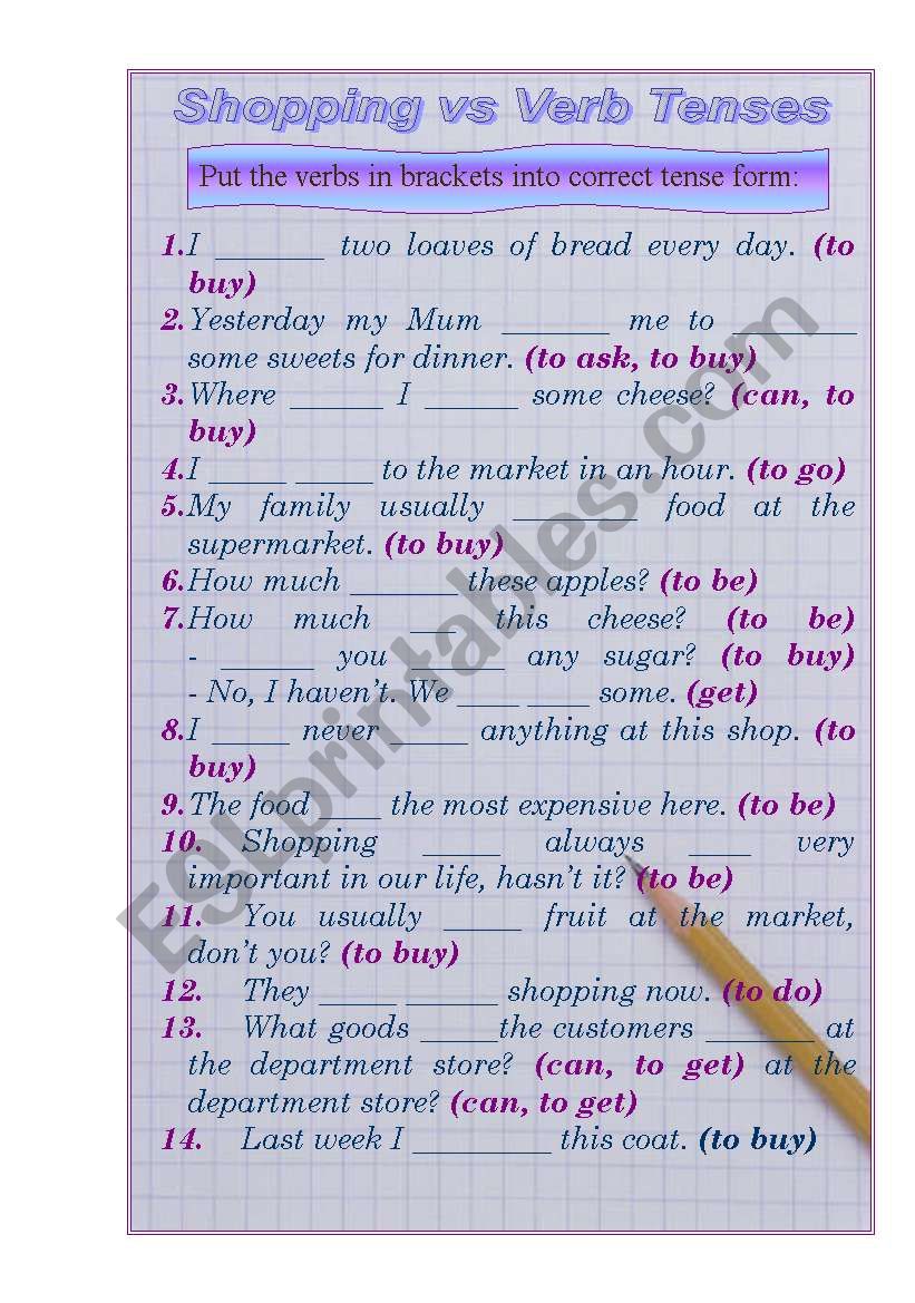 Shopping vs Verb Tenses worksheet