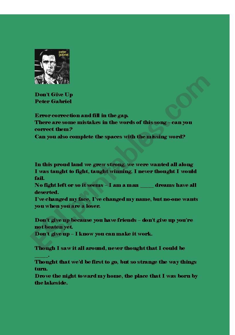 Donīt Give up, (Peter Gabriel) song activity Donīt Give up, (Peter Gabriel) song activity