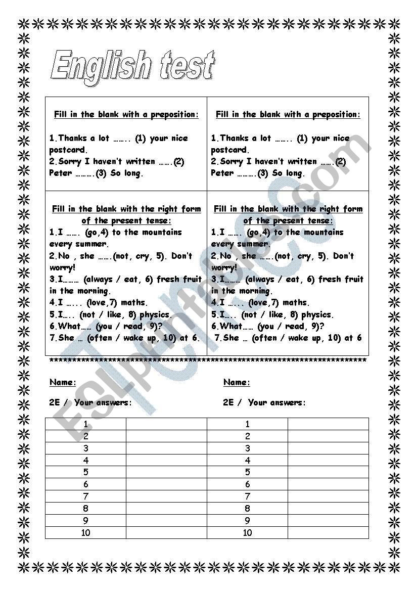 Test (prepositions / present) (+ key for OHP)