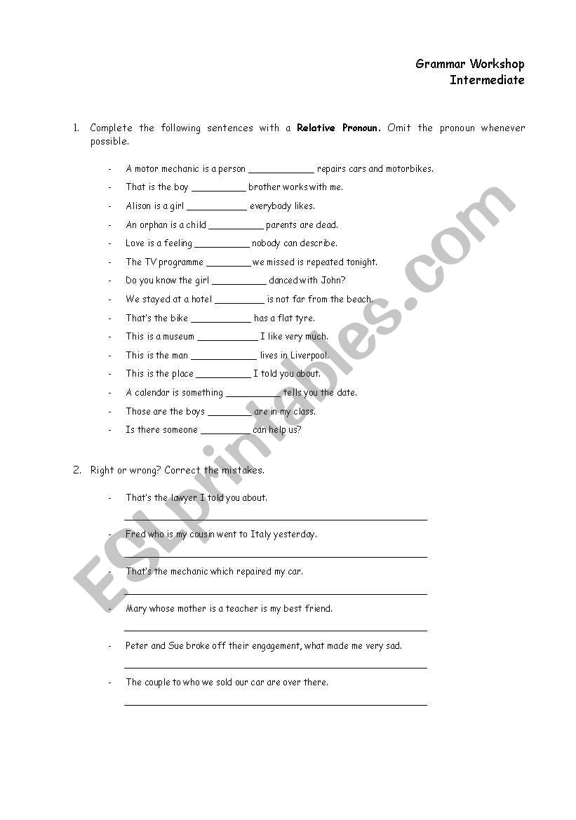 Relative Pronouns worksheet