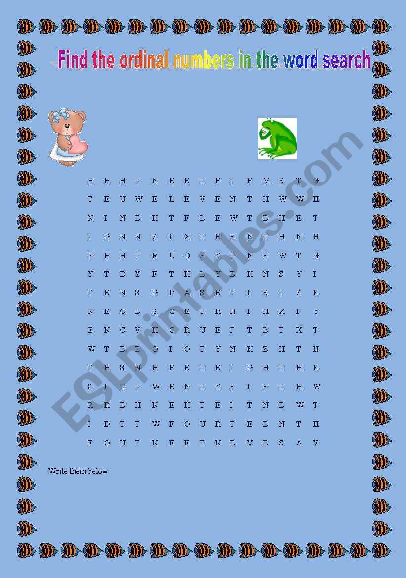 Ordinal numbers wordsearch worksheet