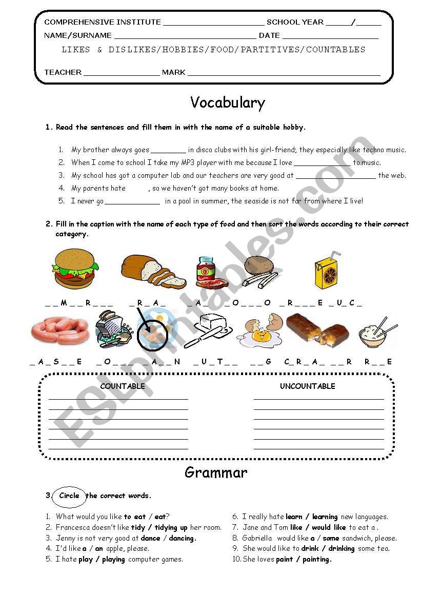 REVISION ABOUT LIKES & DISLIKES - FOOD - PARTITIVES - COUNTABLE vs UNCOUNTABLE NAMES