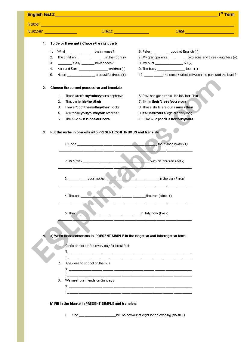 English test 2 worksheet