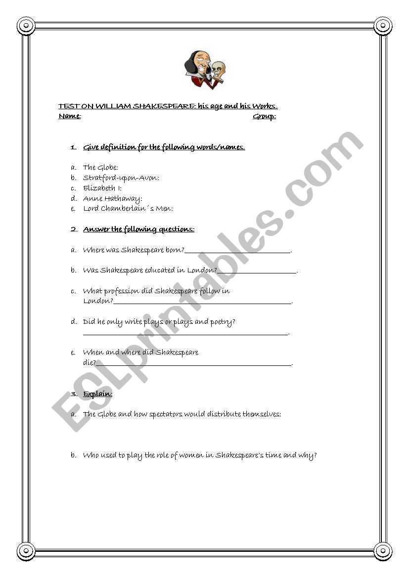 TEST ON WILLIAM SHAKESPEARE worksheet