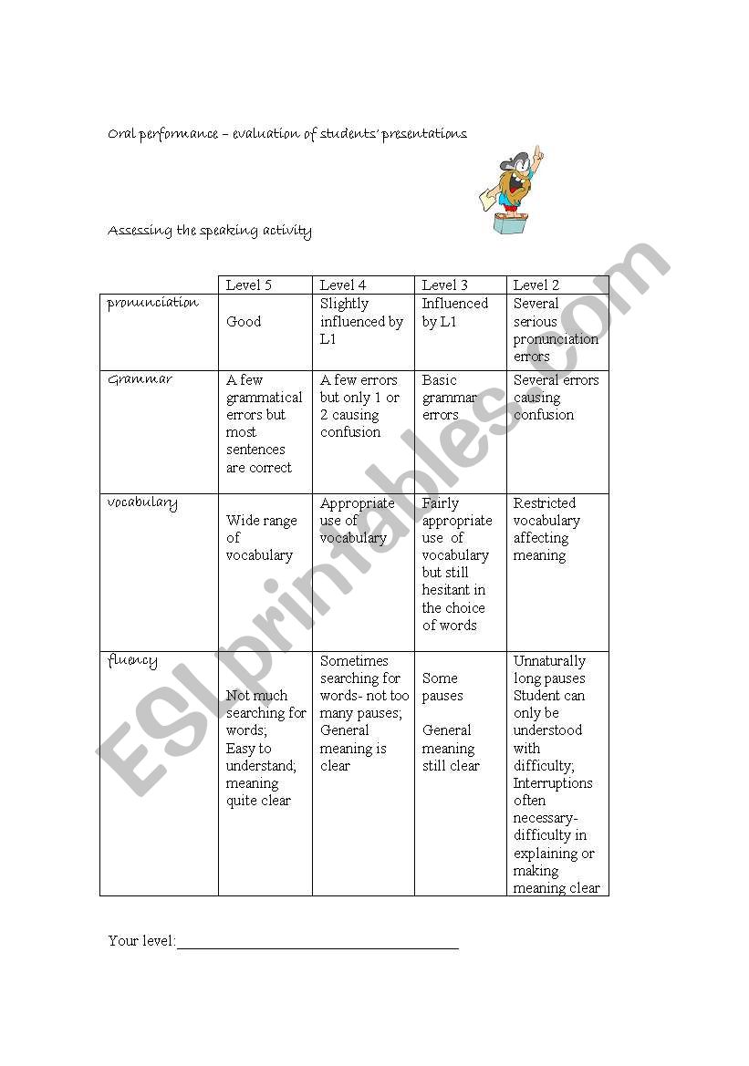  grid to evaluate oral work worksheet