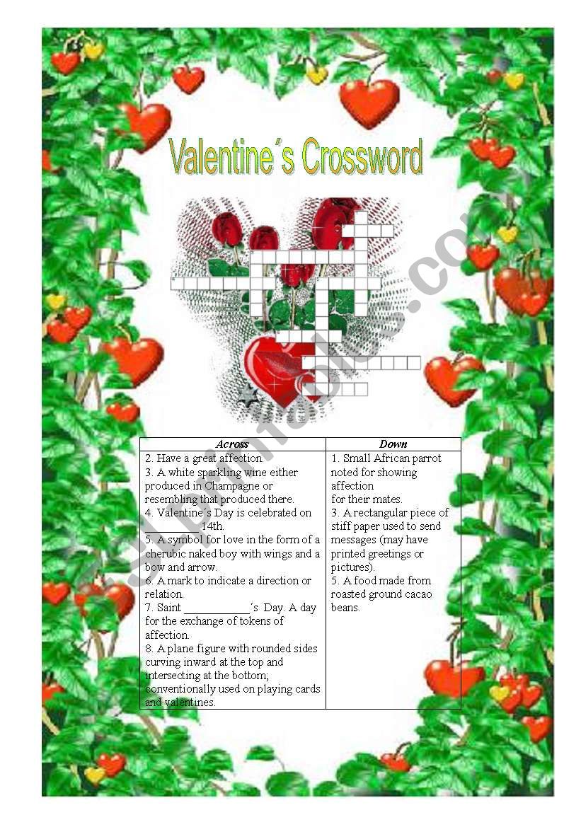 Valentines crossword worksheet
