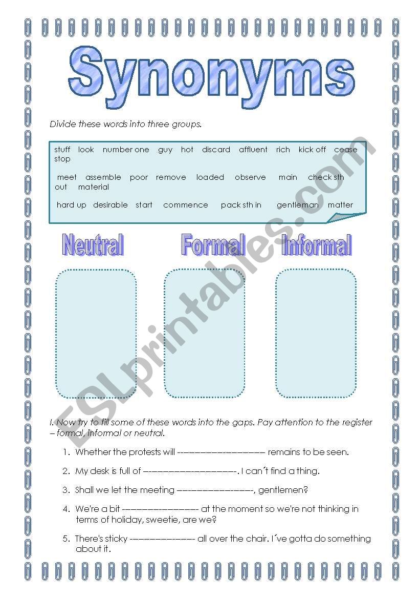 Synonyms worksheet