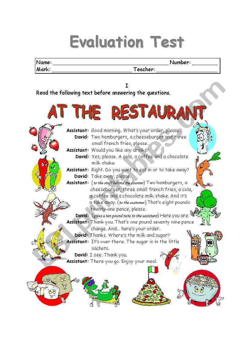 AT THE RESTAURANT (1 of 2) worksheet