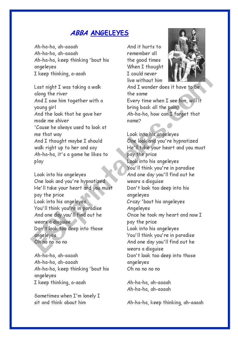 Angeleyes abba worksheet