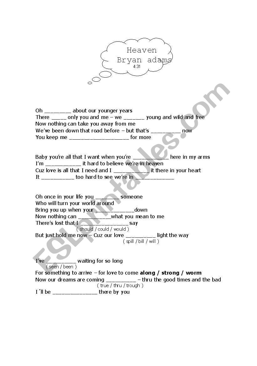 Song: Heaven--Bryan Adams worksheet