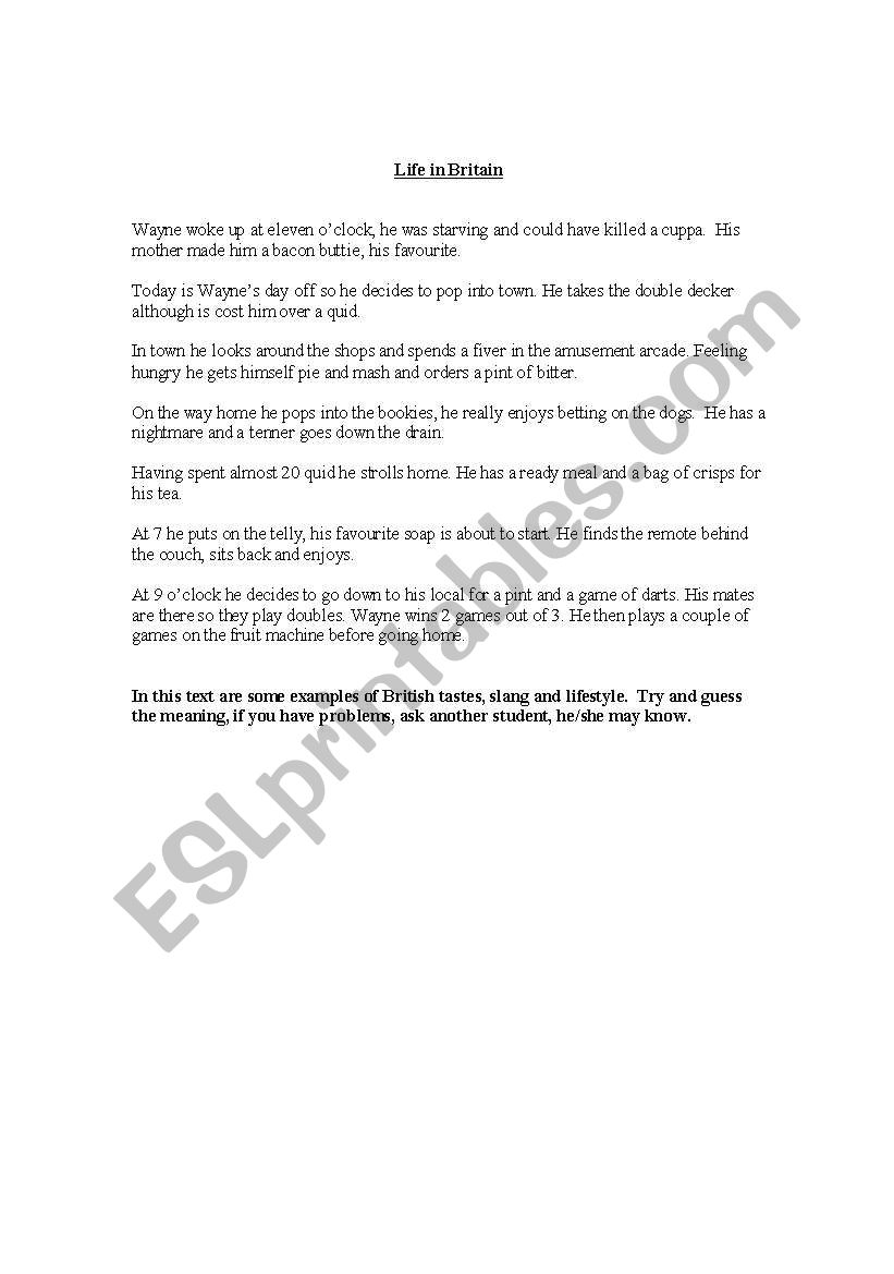 Life in Britain worksheet