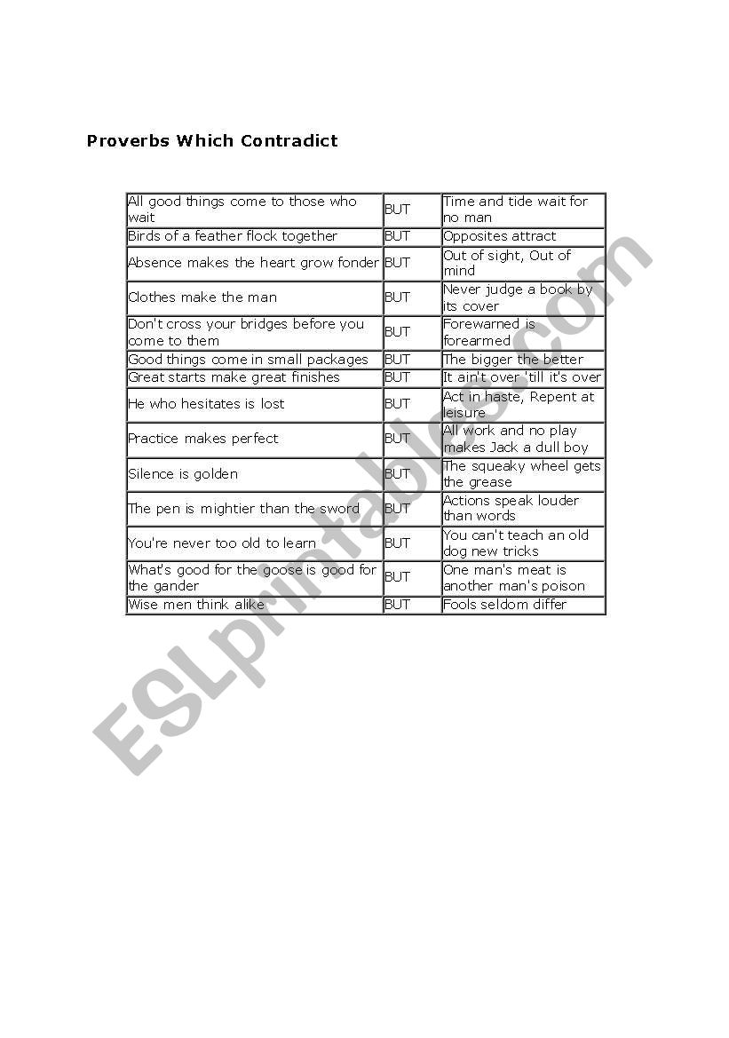 Contradictory proverbs worksheet