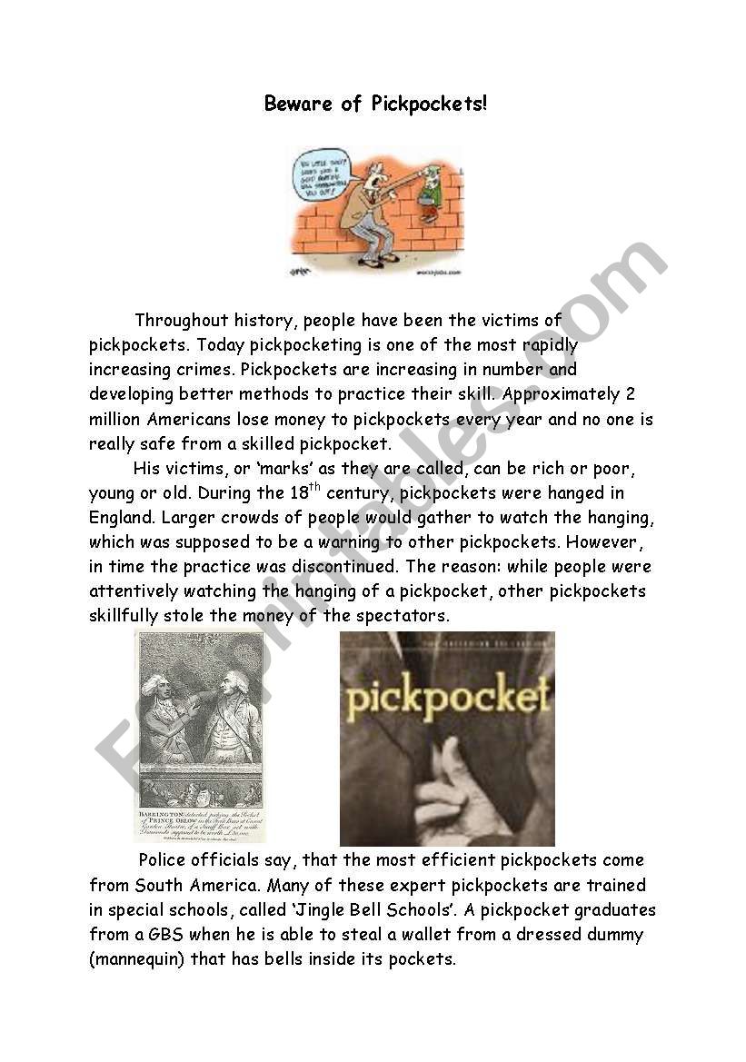 Beware of Pickpockets! worksheet