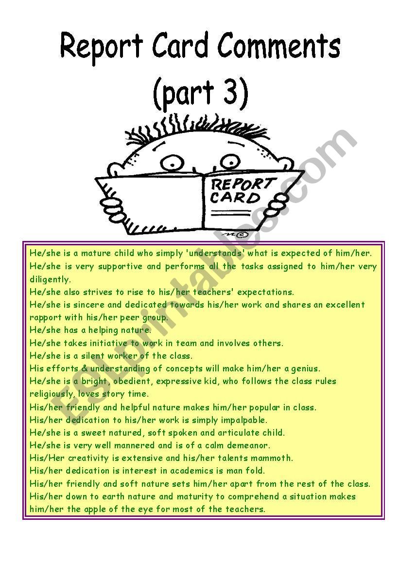 Report card comments (Part 3) worksheet