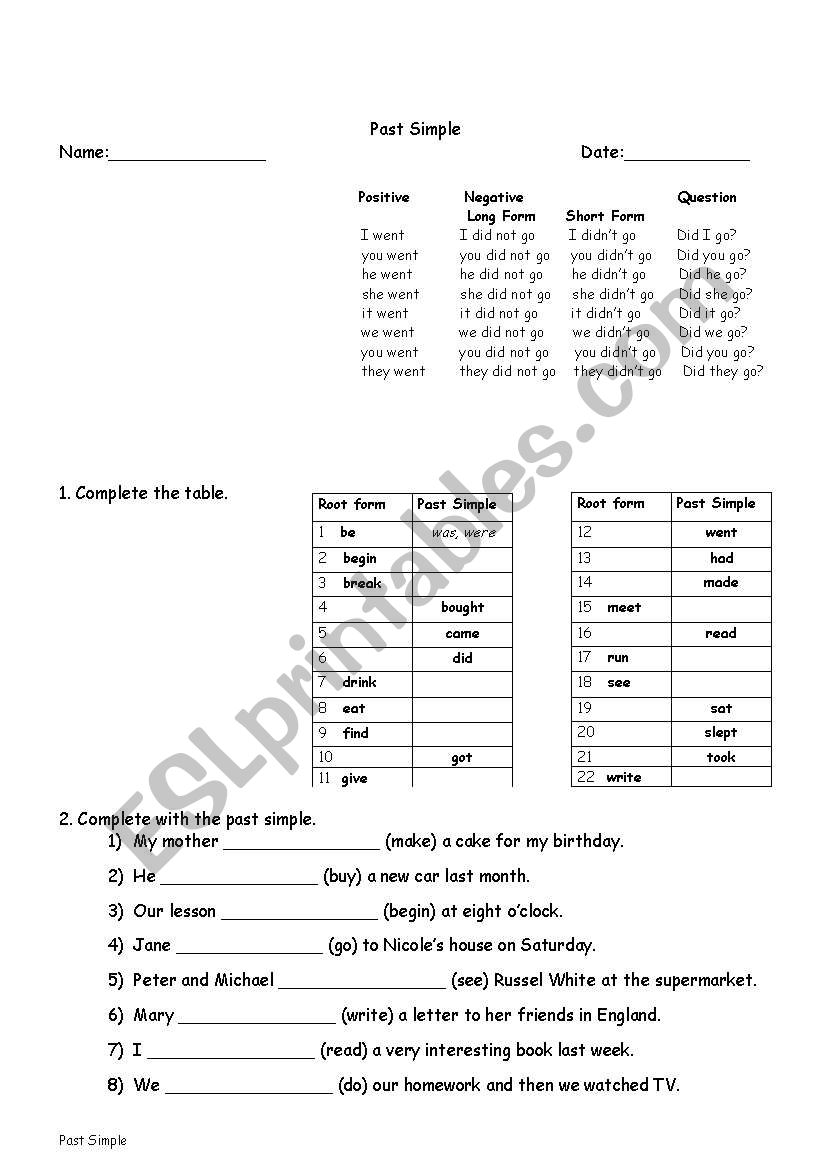 Past Tense worksheet