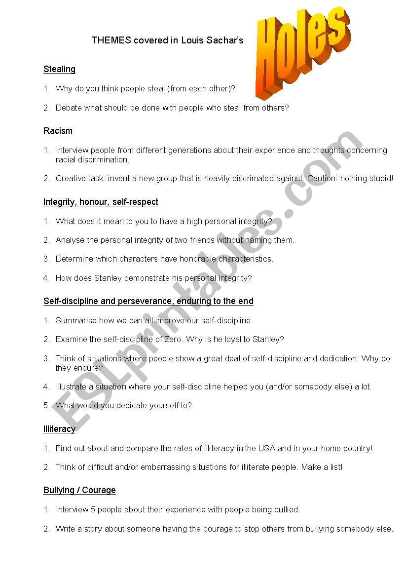 Holes by Louis Sachar worksheet