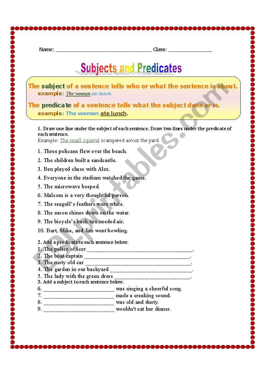 Subject predicate Exercises worksheet