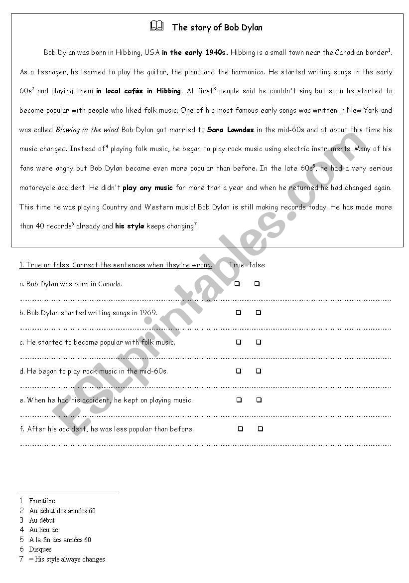 The story of Bob Dylan worksheet