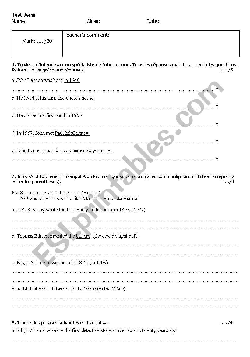 Past simple test worksheet