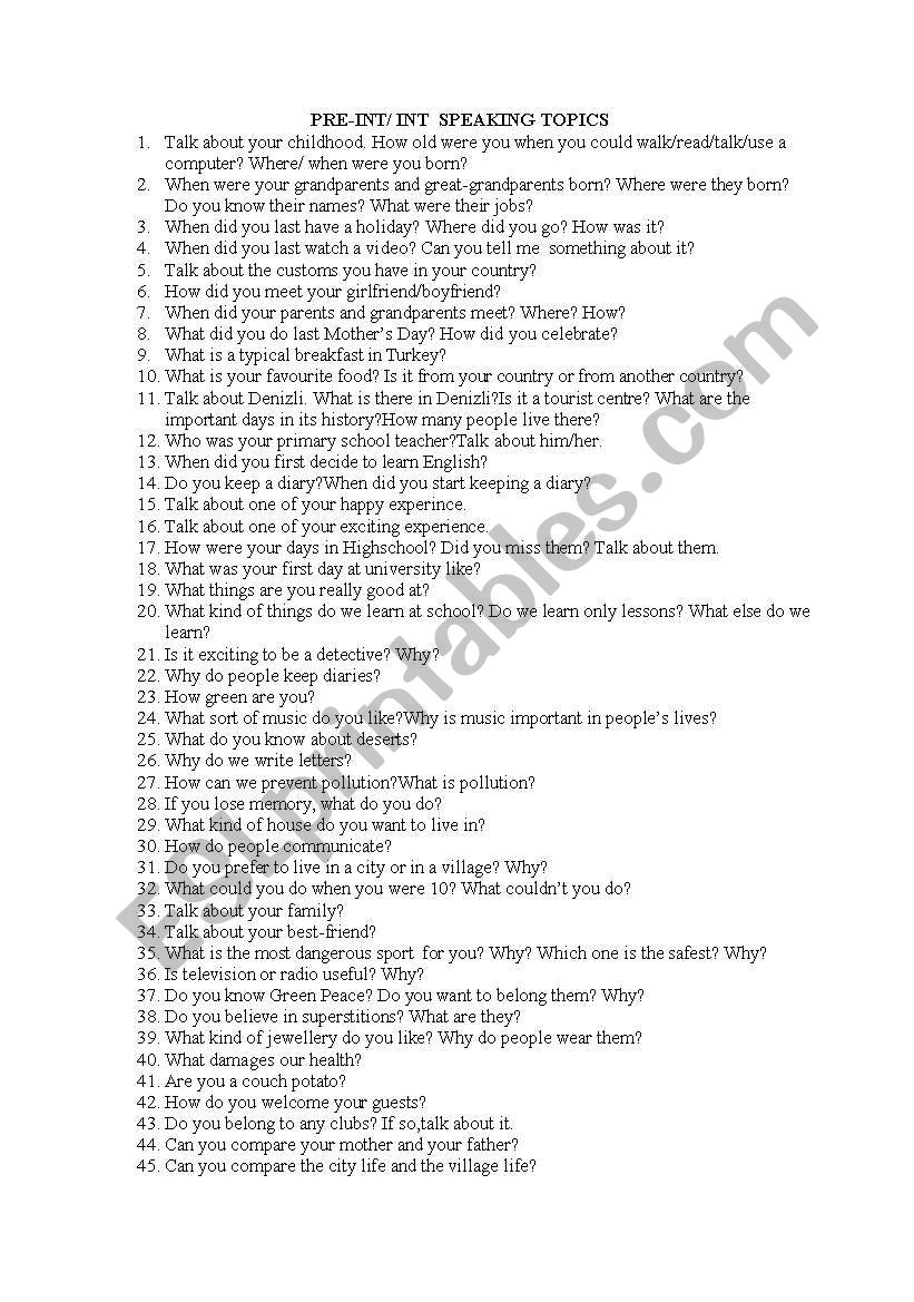 speaking topics worksheet