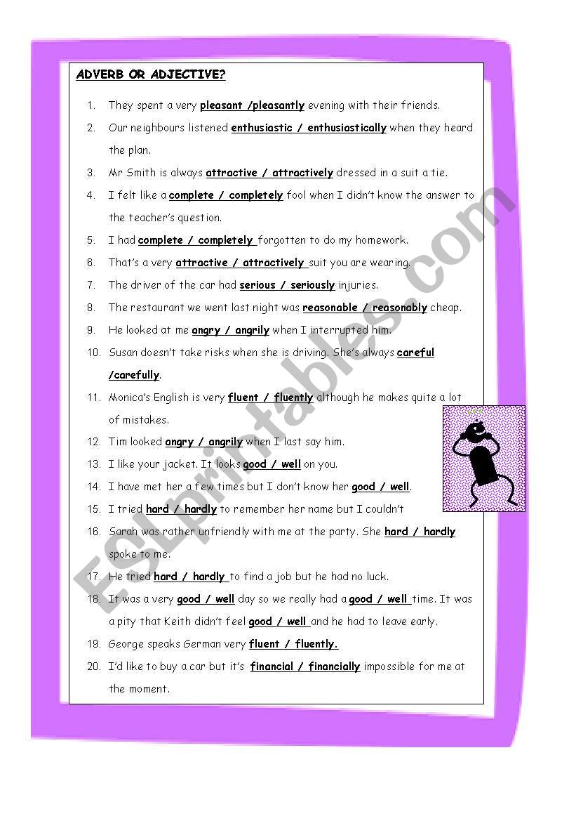 Adjective or Adverb worksheet