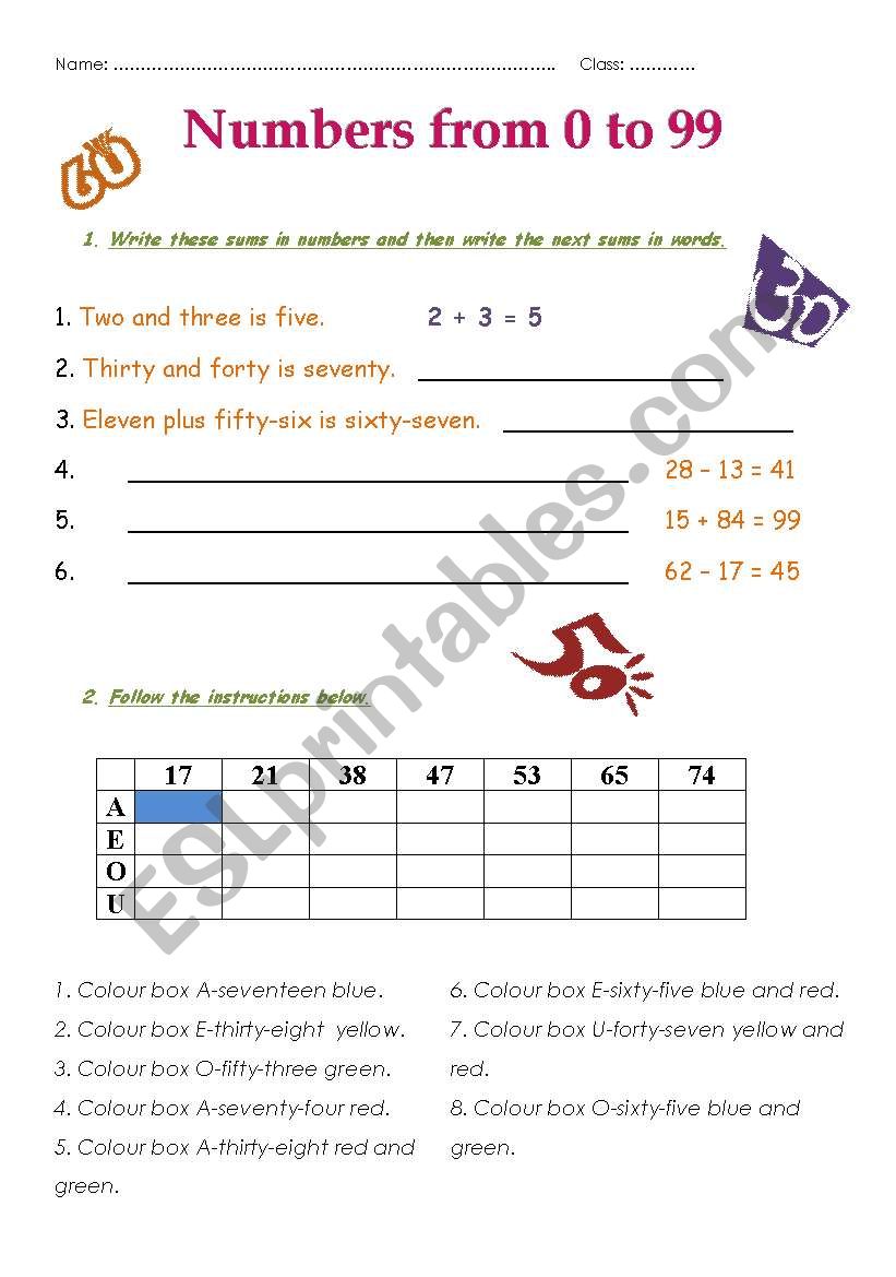 Numbers from 0 to 99 worksheet