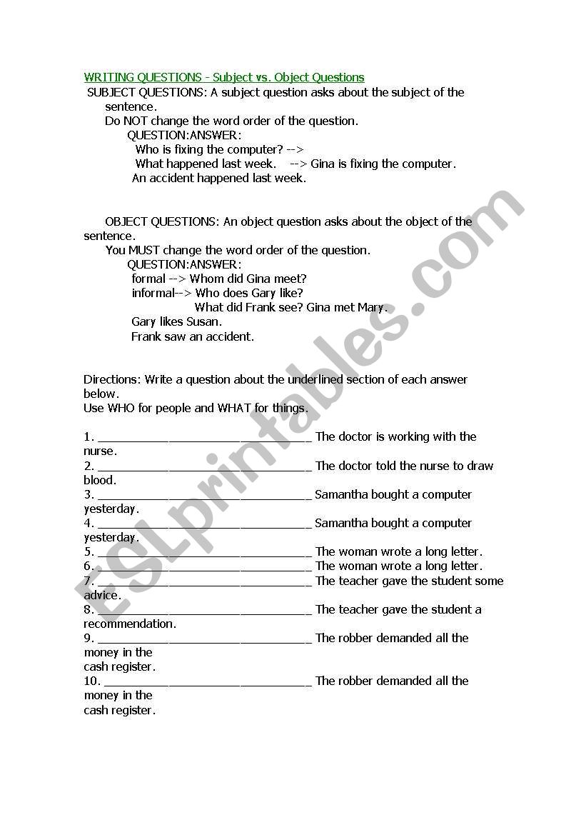 Subject  and Object Questions worksheet