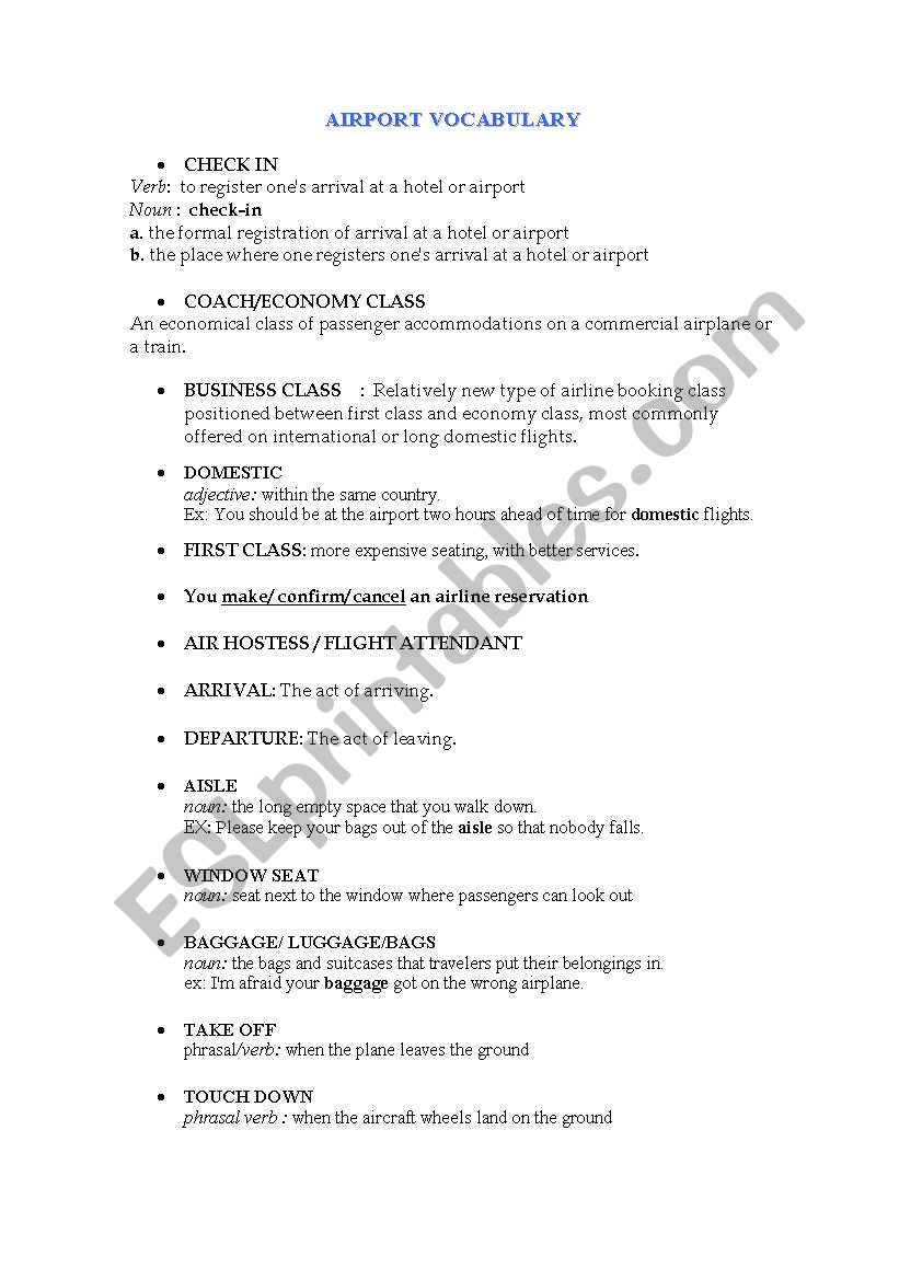 Airport vocabulary worksheet