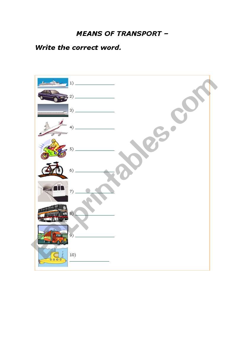 means of transport worksheet