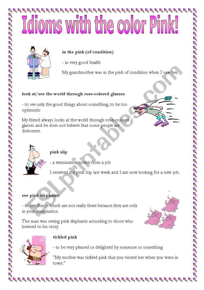 Idioms with the word pink worksheet