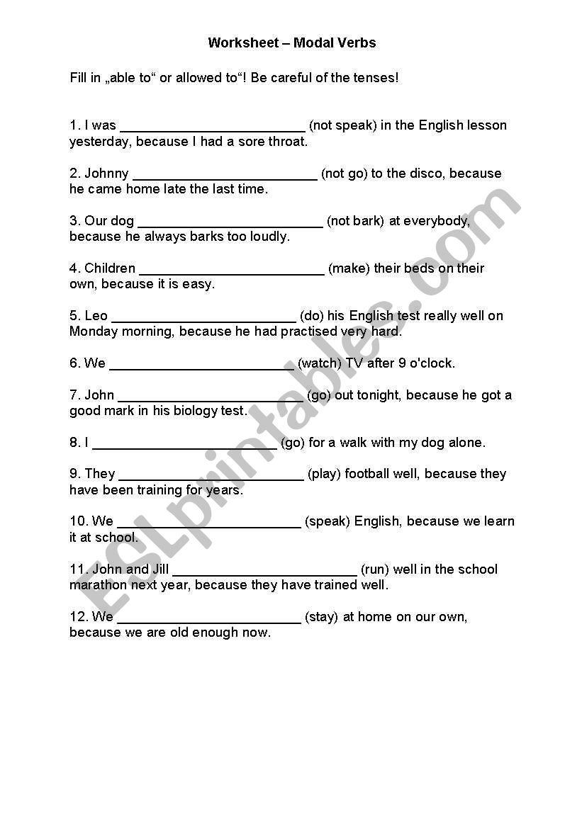 able to or allowed to worksheet