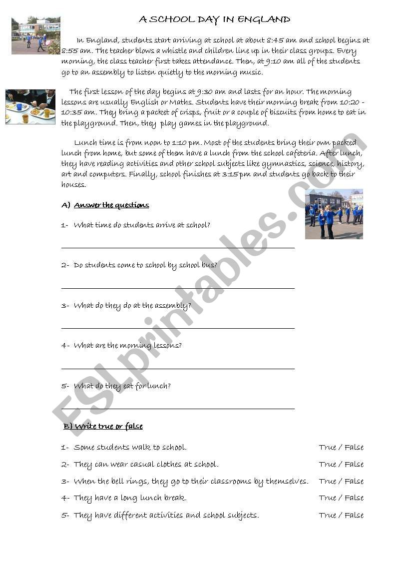 A School Day in England worksheet