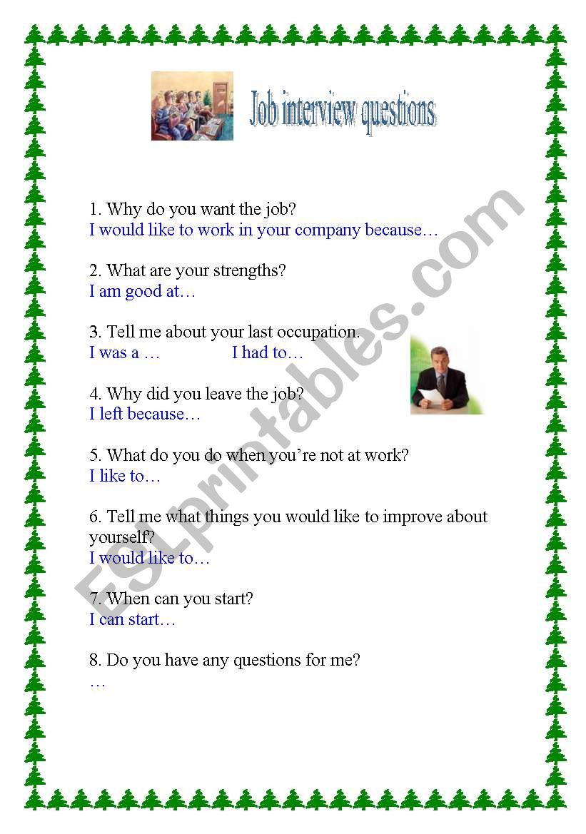 Job interview questions  worksheet