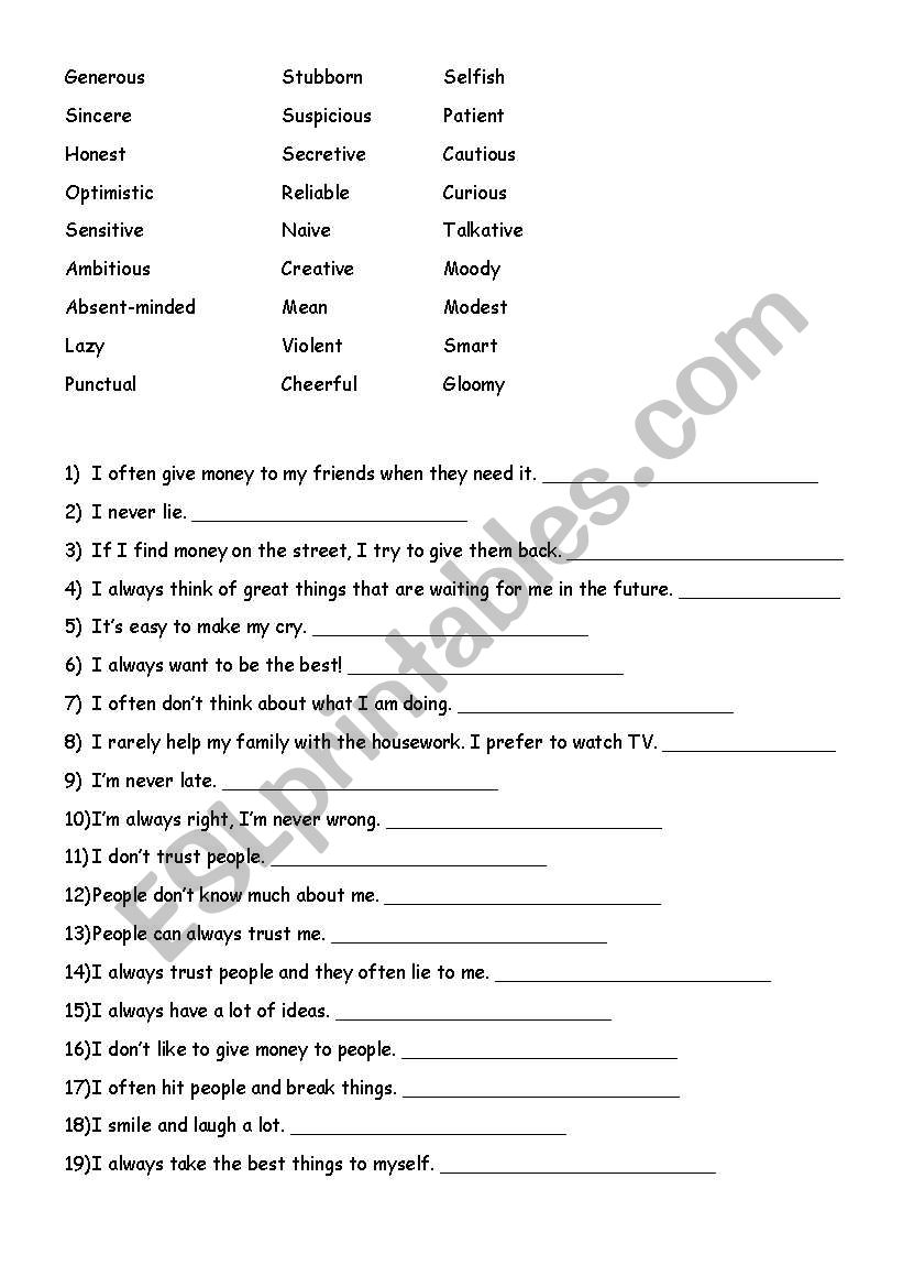 character traits worksheet