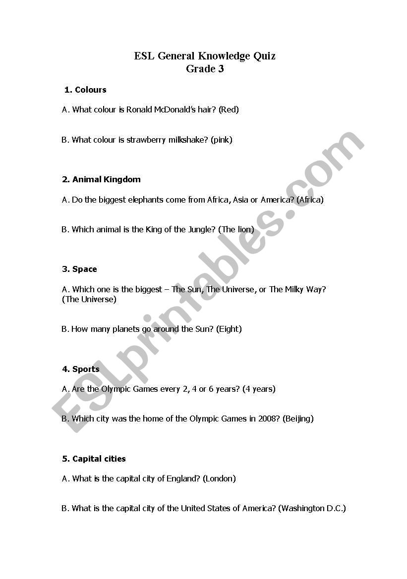 English worksheets: General Knowledge quiz for ESL grade 3