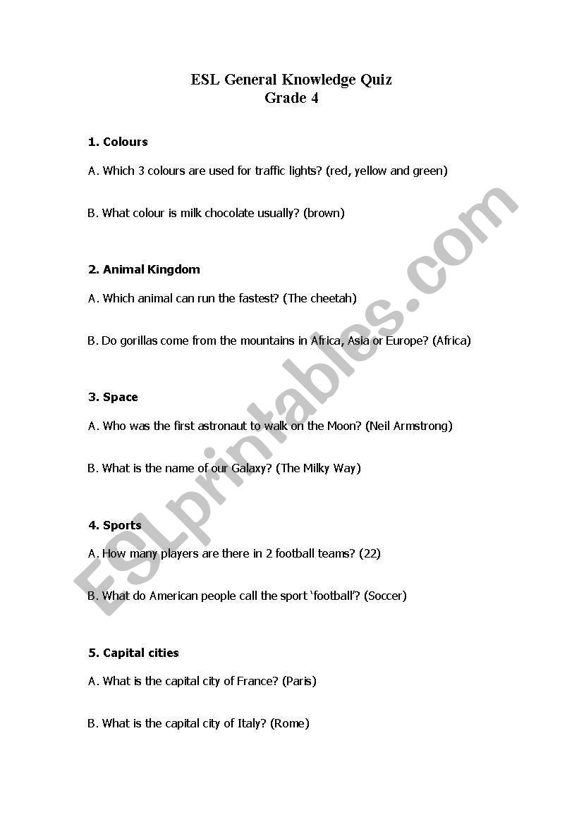 General Knowledge quiz for ESL grade 4