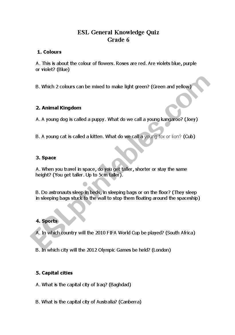 General Knowledge quiz for ESL grade 6