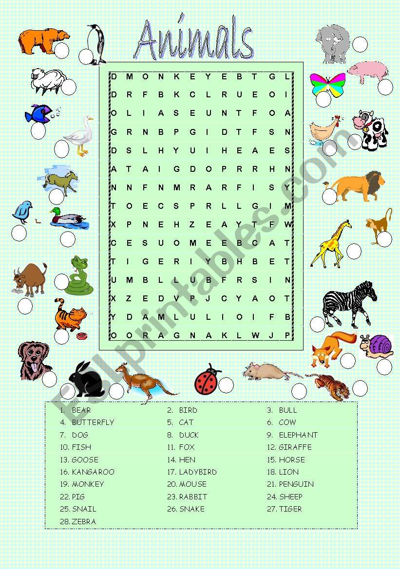 Animals wordsearch and matching