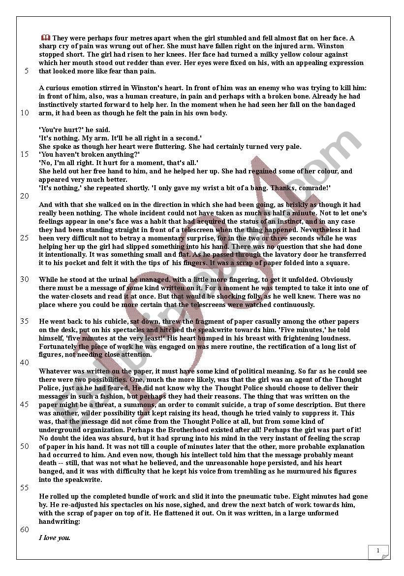 Reading comprehension: extract from 1984 by G Orwell (questions + follow up task)