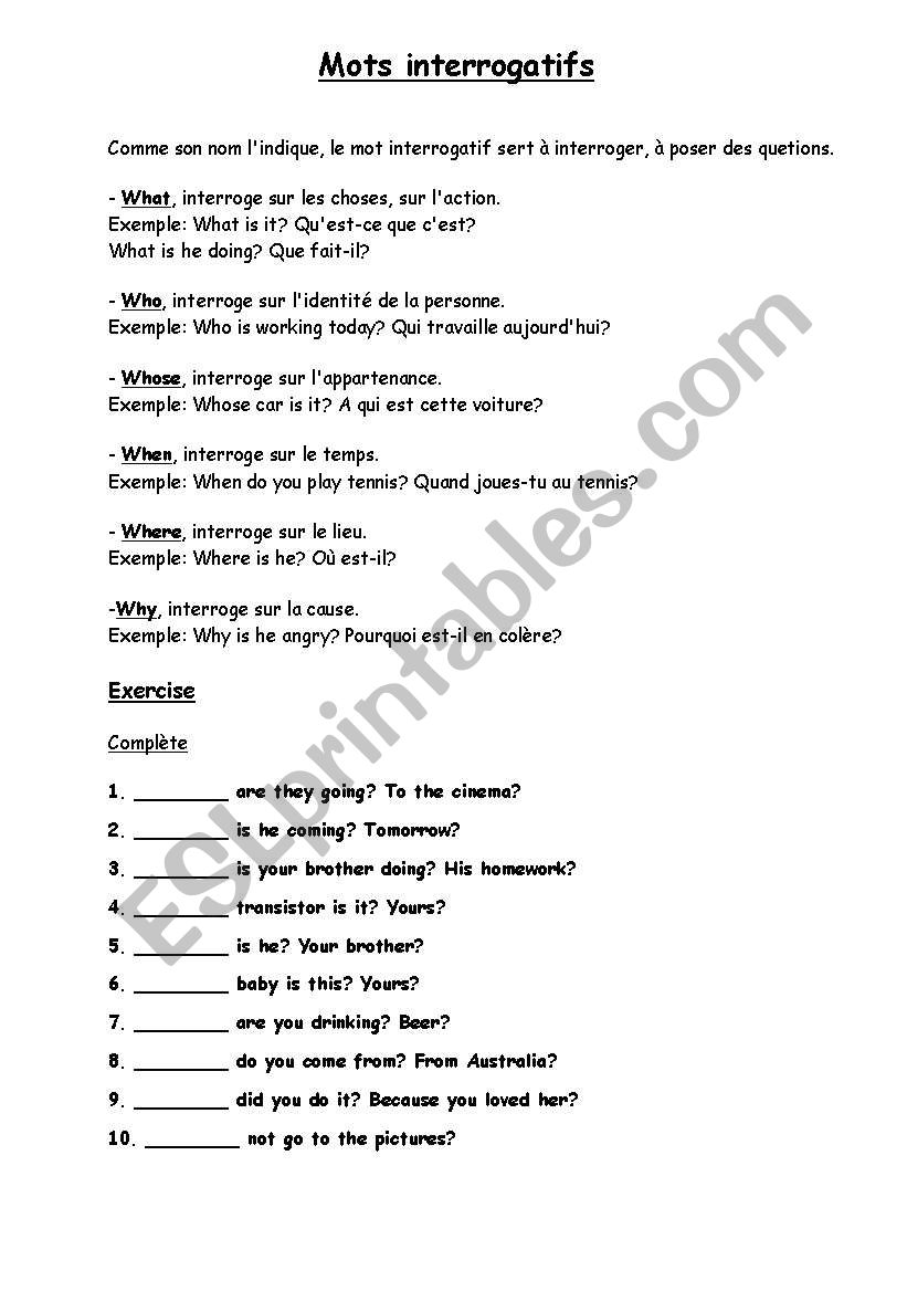 question words worksheet