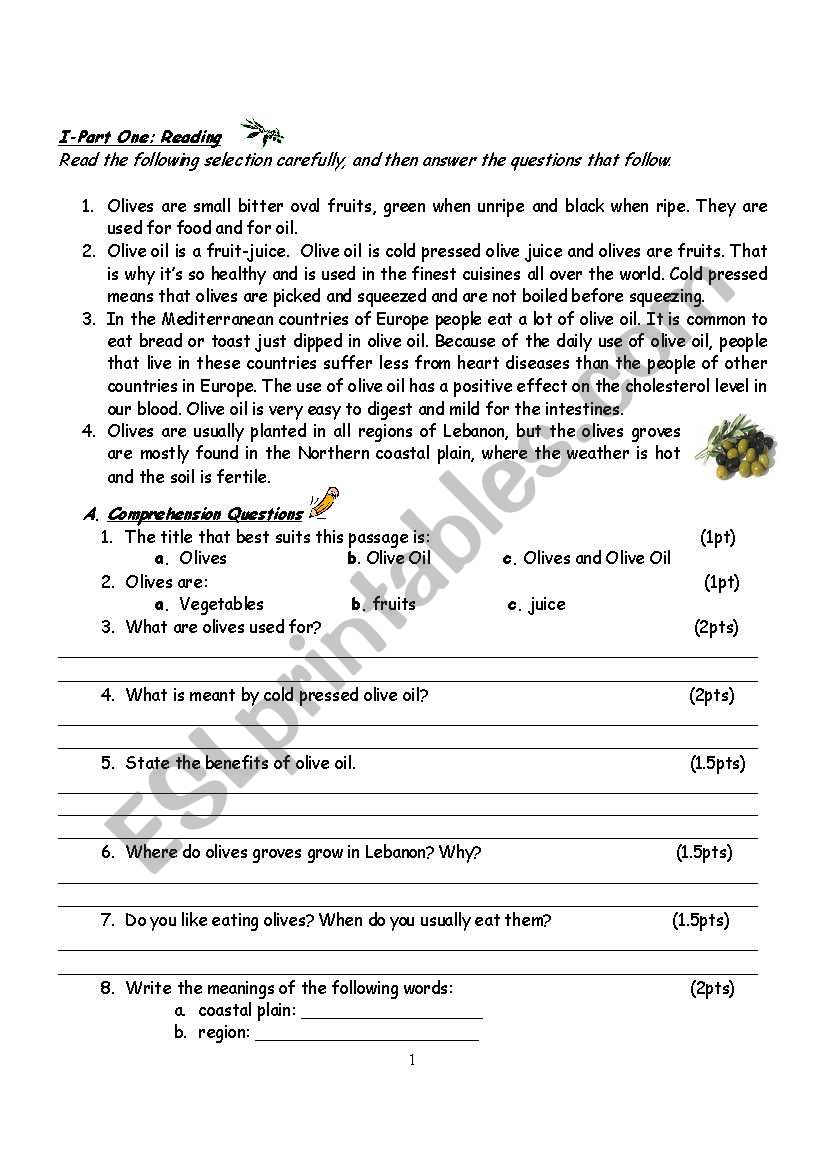 Olive Oil worksheet