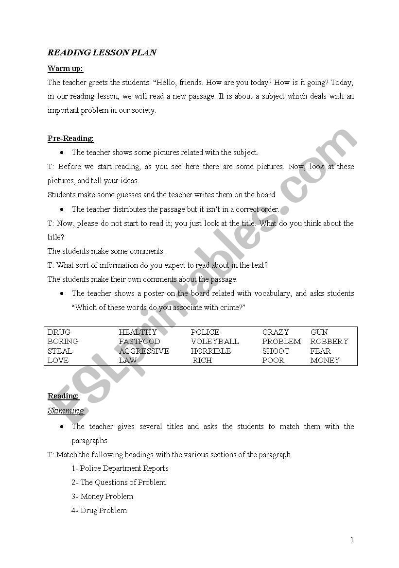 reading lesson plan worksheet