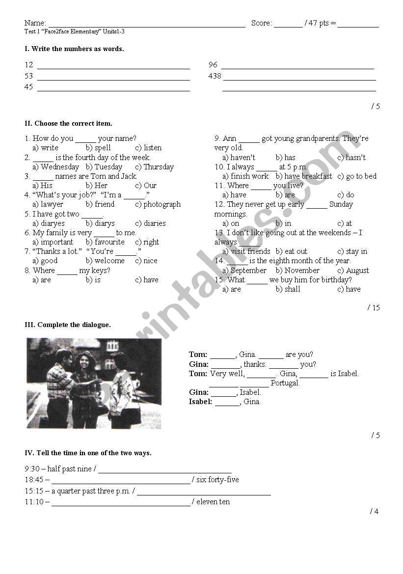 face2face elementary  test: units 1-3