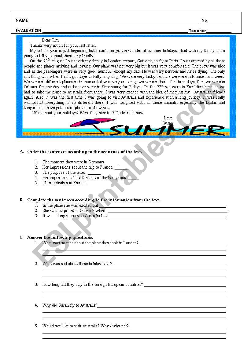 Test about Summer holidays worksheet