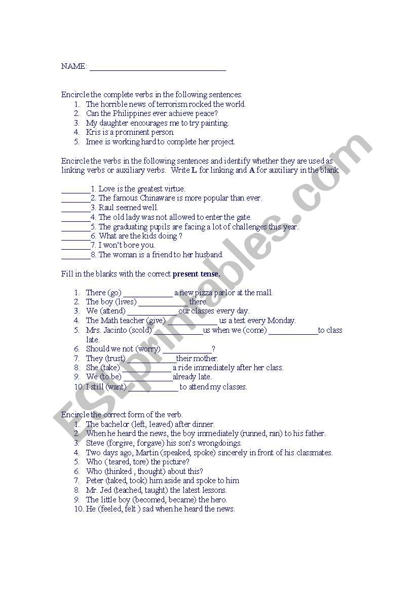review on verbs worksheet